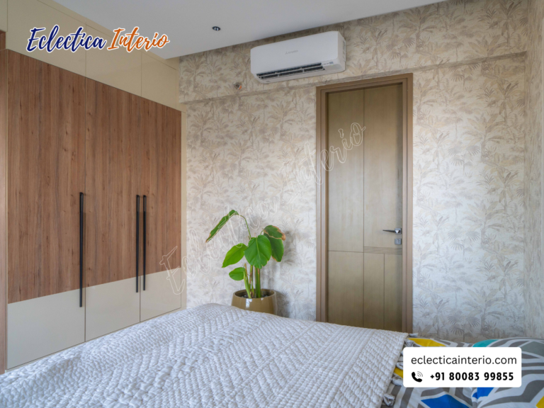 "Modern 3-door walnut-finish wardrobe with mirror and built-in drawers."