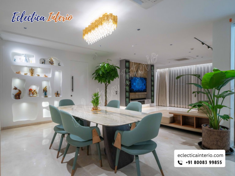 "Dining room with a wooden table and six chairs."