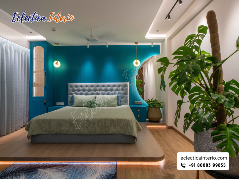 "Modern master bedroom with neutral tones, upholstered headboard, and ambient lighting."