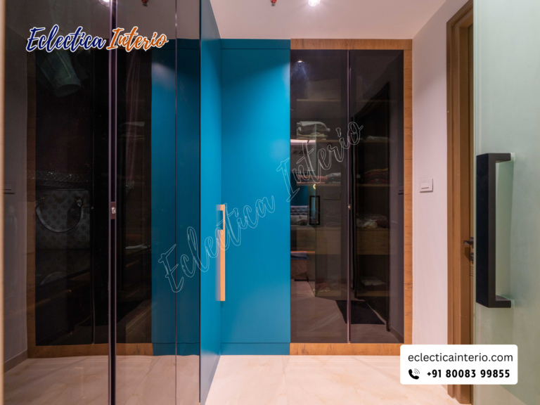 "Modern 3-door walnut-finish wardrobe with mirror and built-in drawers."