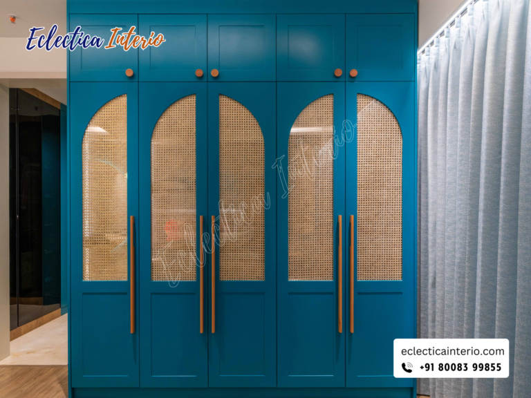 "Modern 3-door walnut-finish wardrobe with mirror and built-in drawers."
